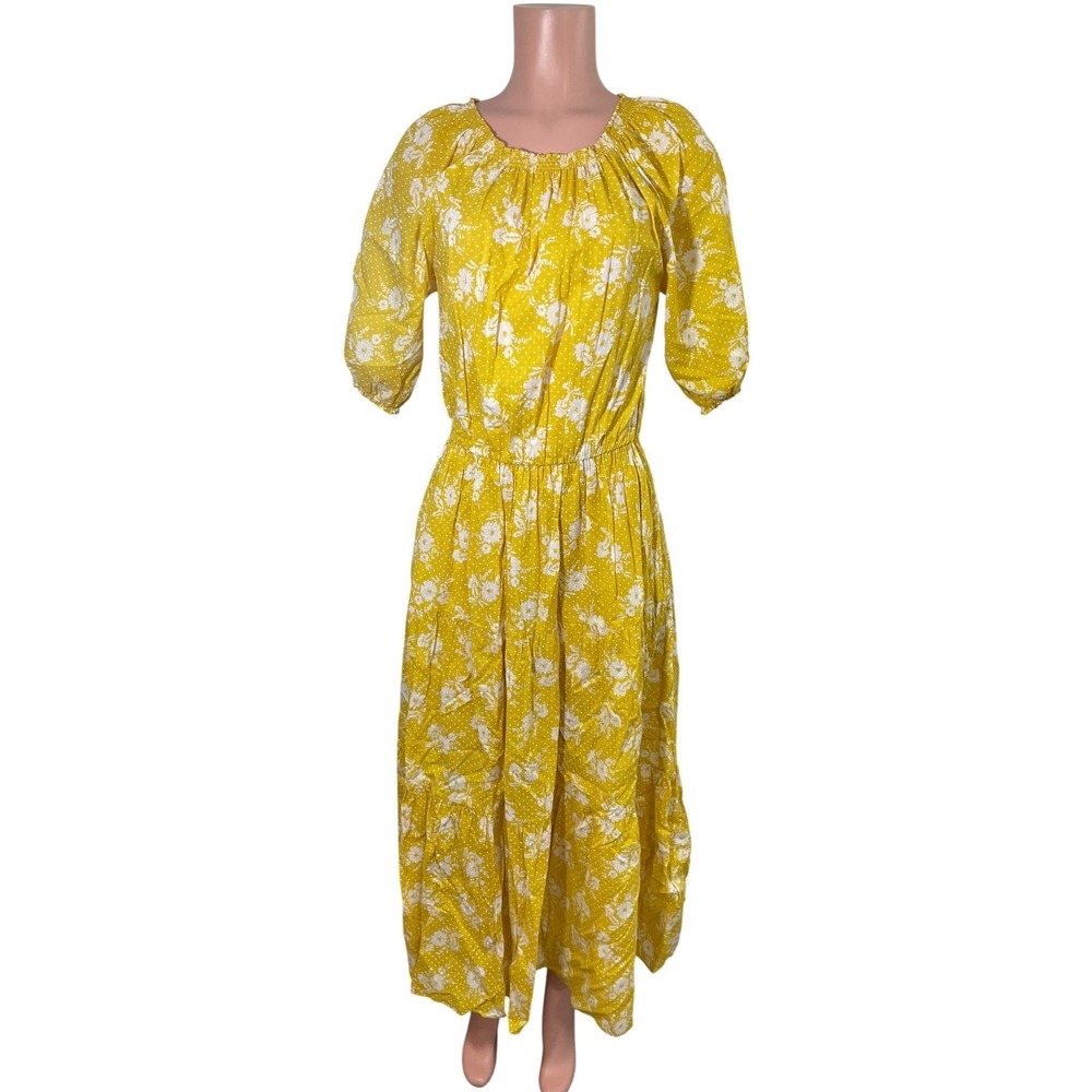 Soler London Fiona Mustard Yellow Floral Cotton Maxi Dress XS/S Tiered‎ Boho
